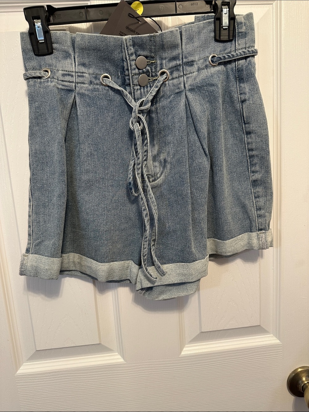 Women's Light Blue Denim Paperbag Waist Shorts with Lace-Up Front